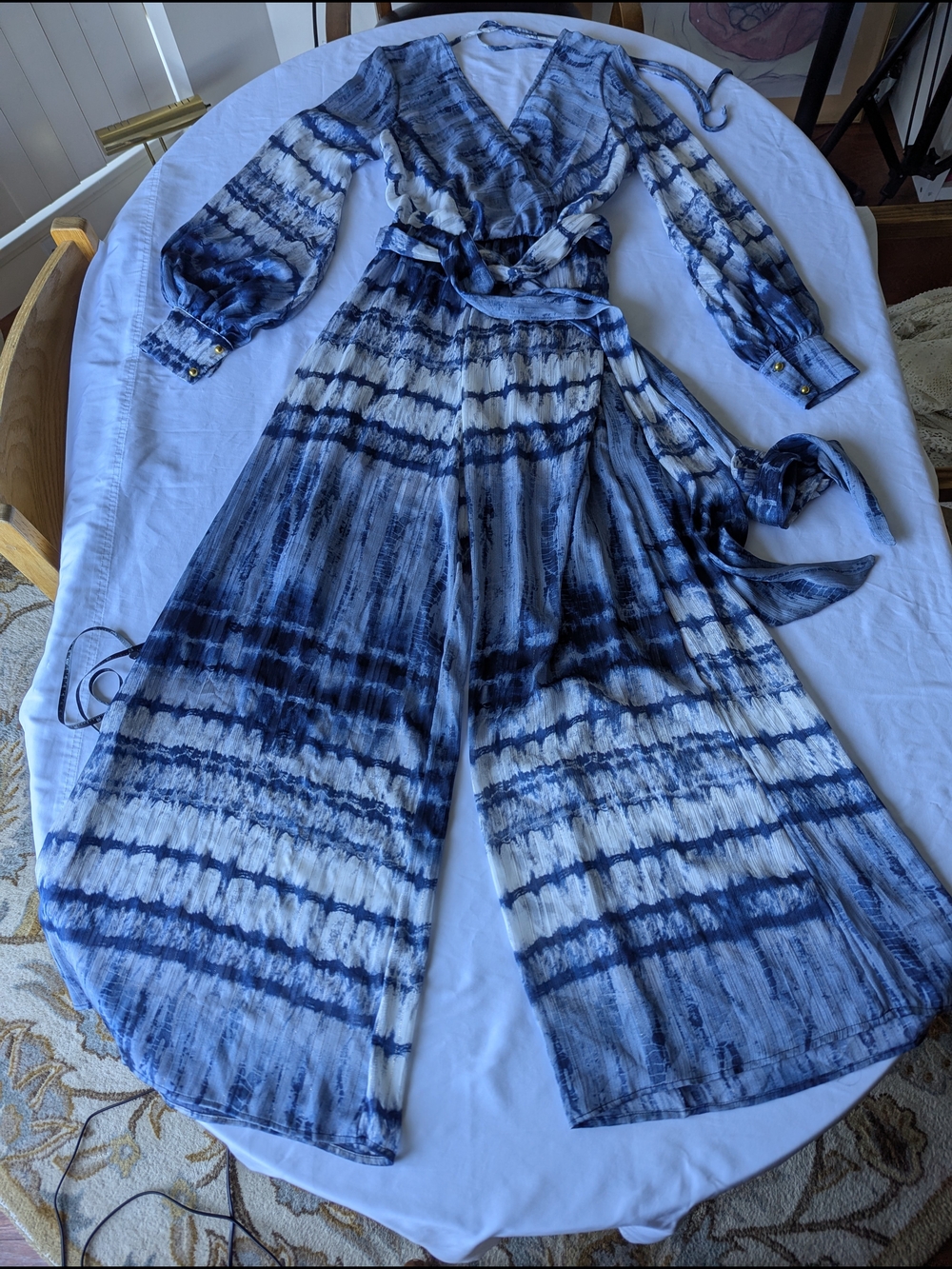 Va Va Voom Blue and White Tie-Dye Wide-Leg Jumpsuit Flowy Shimmer - Picture 2 of 10